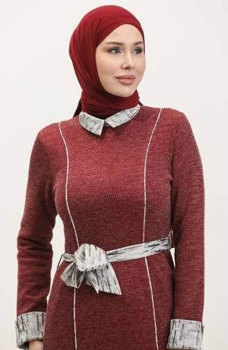 Stripe Detailed Seasonal Dress Claret Red G9101 300