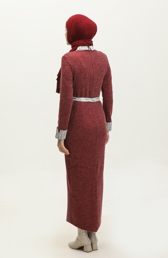 فستان موسمي مخطط مفصل أحمر كلاريت G9101 300