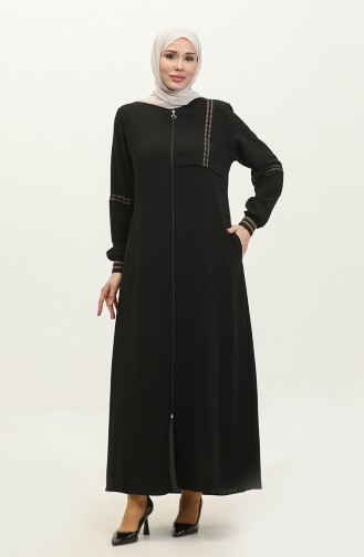 Grote Maat Geribbelde Abaya Met Ritssluiting 5064-01 Zwart 5064-01