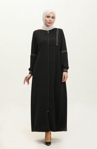 Grote Maat Geribbelde Abaya Met Ritssluiting 5064-01 Zwart 5064-01