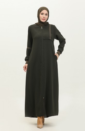 Grote Maat Geribbelde Abaya Met Ritssluiting 5064-03 Kaki 5064-03