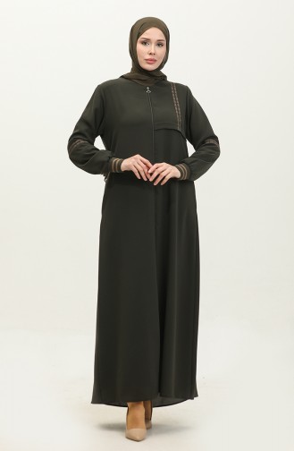 Grote Maat Geribbelde Abaya Met Ritssluiting 5064-03 Kaki 5064-03