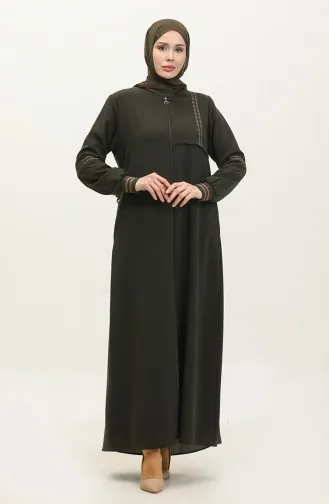 Grote Maat Geribbelde Abaya Met Ritssluiting 5064-03 Kaki 5064-03