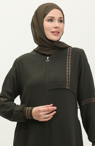 Grote Maat Geribbelde Abaya Met Ritssluiting 5064-03 Kaki 5064-03