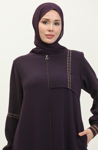 Grote Maat Geribbelde Abaya Met Ritssluiting 5064-04 Pruim 5064-04