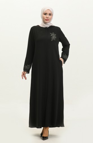 Abaya Détail Dentelle Brodée Grande Taille 5065-01 Noir 5065-01