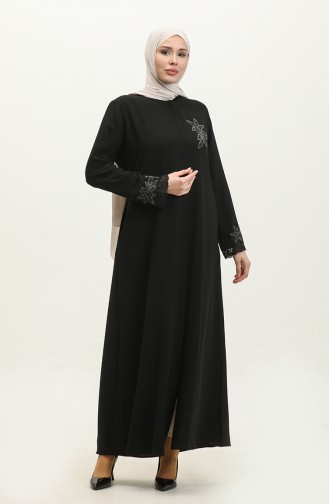 Große Abaya Mit Bestickter Spitze Und Detaillierten Details 5065-01 Schwarz 5065-01