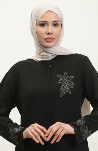 Große Abaya Mit Bestickter Spitze Und Detaillierten Details 5065-01 Schwarz 5065-01