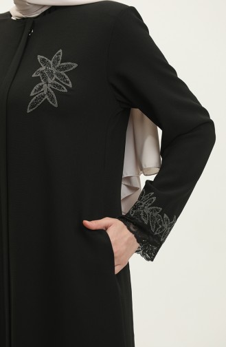 Large Size Embroidered Lace Detailed Abaya 5065-01 Black 5065-01