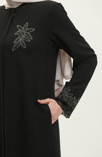 Abaya Détail Dentelle Brodée Grande Taille 5065-01 Noir 5065-01