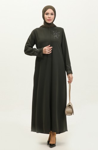 Große Abaya Mit Bestickter Spitze Und Detaillierten Details 5065-03 Khaki 5065-03