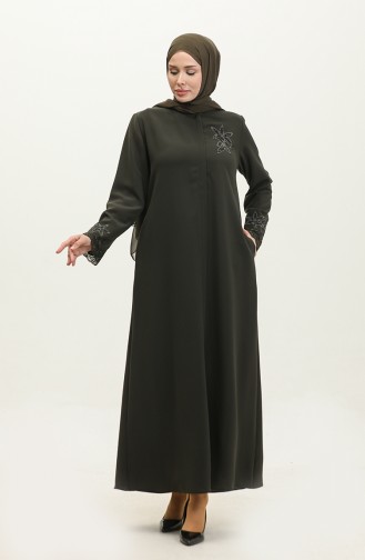 Groot Formaat Geborduurd Kant Gedetailleerde Abaya 5065-03 Kaki 5065-03