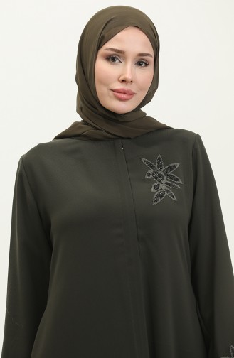 Große Abaya Mit Bestickter Spitze Und Detaillierten Details 5065-03 Khaki 5065-03