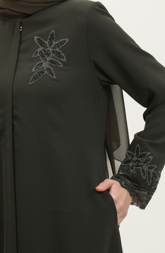 Groot Formaat Geborduurd Kant Gedetailleerde Abaya 5065-03 Kaki 5065-03