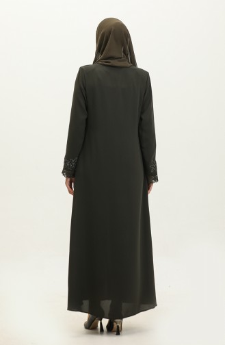 Groot Formaat Geborduurd Kant Gedetailleerde Abaya 5065-03 Kaki 5065-03