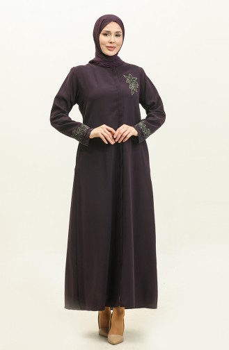 Large Size Embroidered Lace Detailed Abaya 5065-04 Plum 5065-04