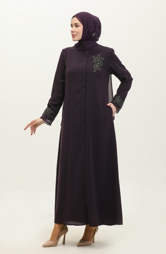 Large Size Embroidered Lace Detailed Abaya 5065-04 Plum 5065-04