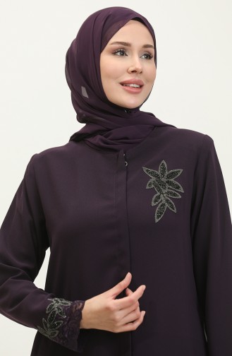 Large Size Embroidered Lace Detailed Abaya 5065-04 Plum 5065-04