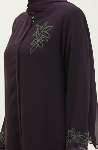 Groot Formaat Geborduurd Kant Gedetailleerde Abaya 5065-04 Pruim 5065-04