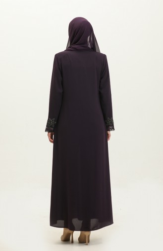 Large Size Embroidered Lace Detailed Abaya 5065-04 Plum 5065-04