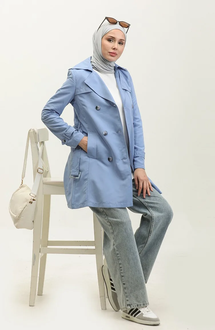 Jamila Été Non Doublé Gabardine Tissu Court Trench Femme Nuage Bleu 6506.Bulut Mavisi