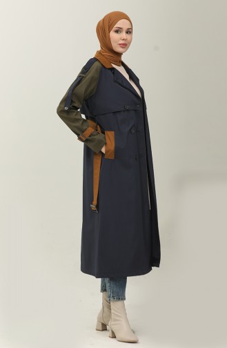 قبعة معطف واقٍ من المطر مبطنة موسمية طويلة ثلاثية الألوان باللون الأزرق الداكن 6828.Lacivert