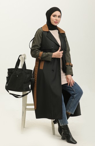 Tri-Colored Long Seasonal Lined Trench Coat Black 6828.SİYAH