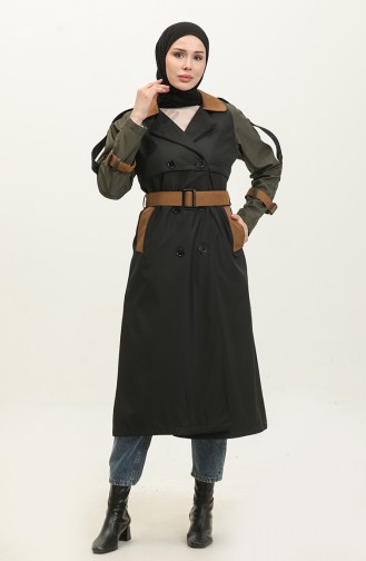 Tri-Colored Long Seasonal Lined Trench Coat Black 6828.SİYAH