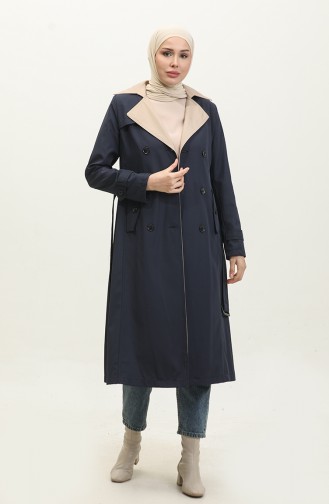 1 معطف عالي الجودة من قماش بونديت ذو لون مزدوج مبطن موسمي للنساء باللون الأزرق الداكن 6864.LACİVERT