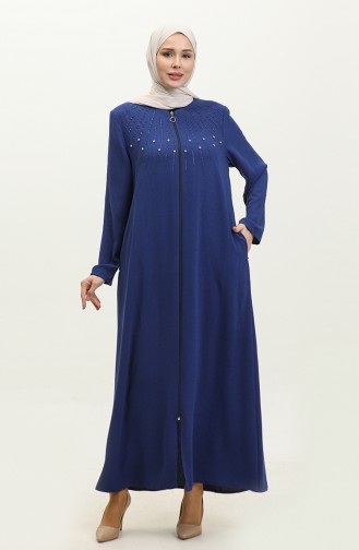 Jamila Jacquard Floral Patterned Summer Women`s Abaya Indigo 6049.İndigo