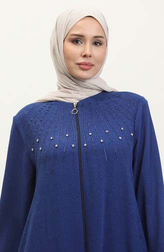 Jamila Jacquard Floral Patterned Summer Women`s Abaya Indigo 6049.İndigo