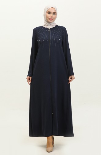 Jamila Jacquard Blumenmuster Sommer Damen Abaya Marineblau 6049.LACİVERT