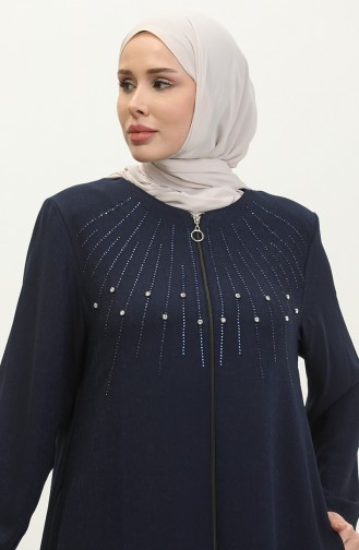 Jamila Jacquard Floral à Motifs été Abaya Femme Bleu Marine 6049.LACİVERT