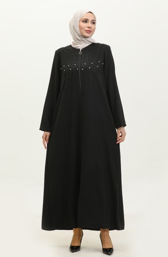 Jamila Jacquard Floral Patterned Summer Women`s Abaya Black 6049.SİYAH