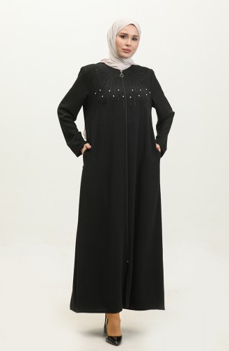 Jamila Jacquard Floral Patterned Summer Women`s Abaya Black 6049.SİYAH