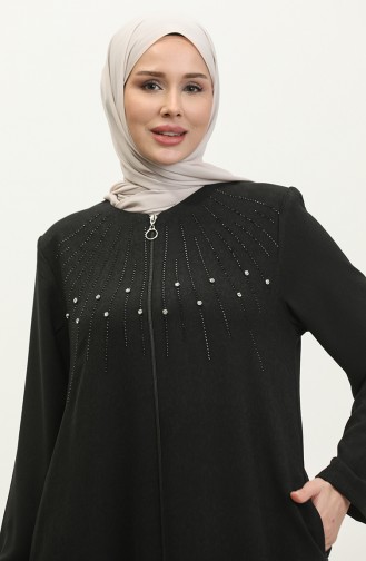 Jamila Jacquard Floral Patterned Summer Women`s Abaya Black 6049.SİYAH