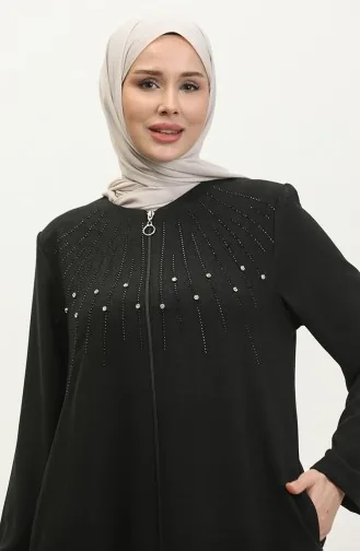 عباية نسائية صيفية منقوشة بالزهور جاكار من جميلة باللون الأسود 6049.SİYAH