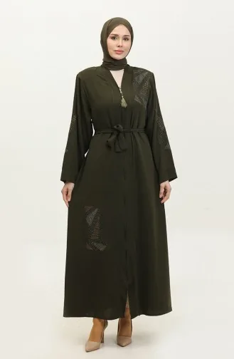 Nakışlı Taşlı Yazlık Ferace Abaya Haki