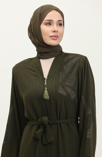 Embroidered Stoned Summer Abaya Abaya Khaki 7844.Haki