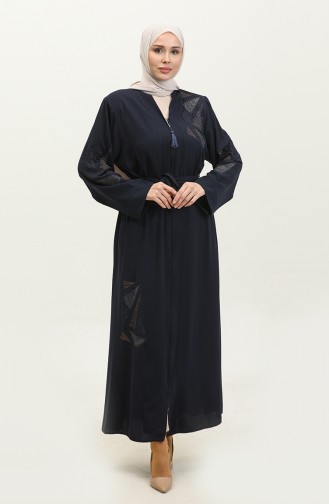 Geborduurde Stoned Zomerabaya Abaya Marineblauw 7844.Lacivert