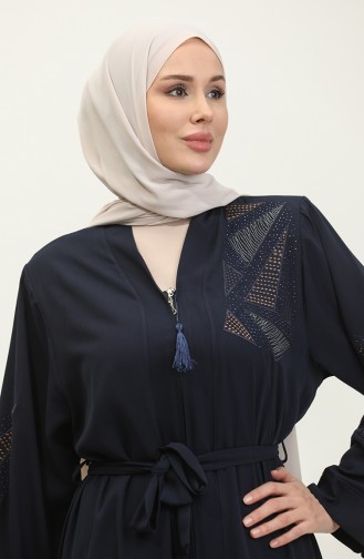 Embroidered Stoned Summer Abaya Abaya Navy Blue 7844.Lacivert