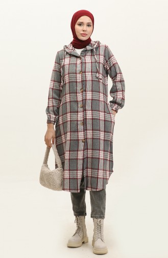 Plaid Pattern Hooded Cape NZR001C-01 Gray Claret Red 001-01