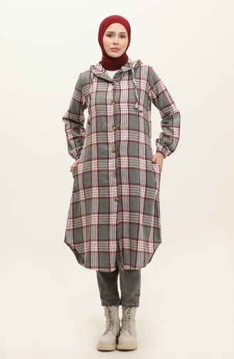 Plaid Pattern Hooded Cape NZR001C-01 Gray Claret Red 001-01