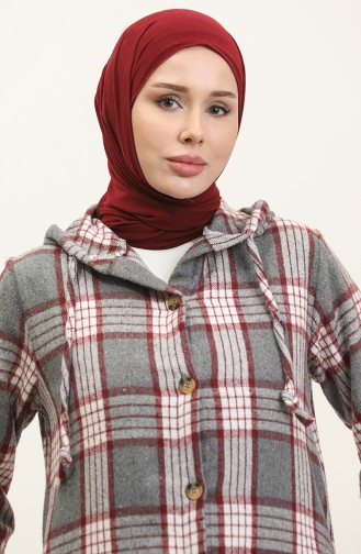 Plaid Pattern Hooded Cape NZR001C-01 Gray Claret Red 001-01