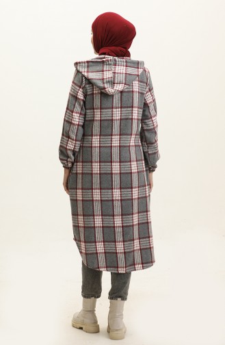 Plaid Pattern Hooded Cape NZR001C-01 Gray Claret Red 001-01