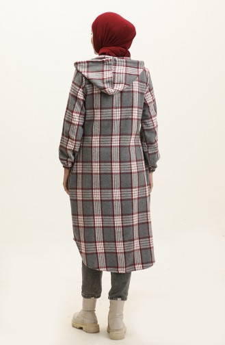 Manteau à Capuche à Motif écossais NZR001C-01 Gris Rouge Claret 001-01