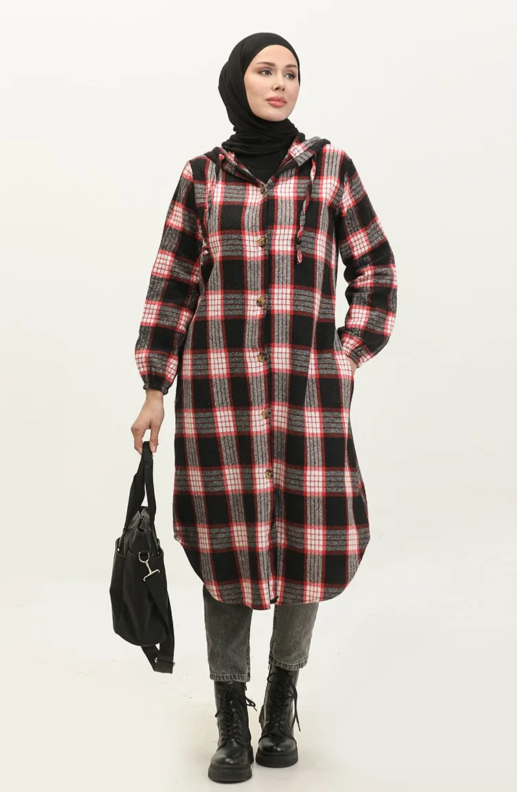Plaid Pattern Hooded Cape NZR001c-03 Black 001-03