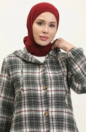 Manteau à Capuche à Motif écossais NZR001B-06 Gris Rouge Claret 001B-06