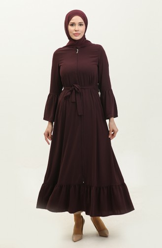 Jamila Ruffle Detailed Zippered Summer Abaya Plum 6011.mürdüm