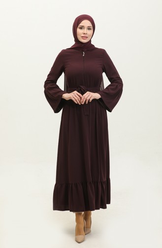 Jamila Ruffle Detailed Zippered Summer Abaya Plum 6011.mürdüm